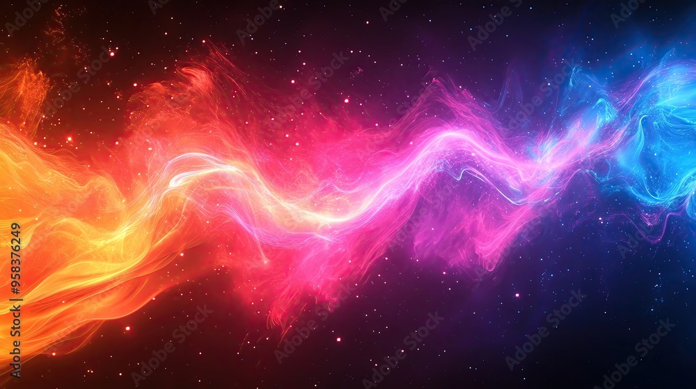 Poster a vibrant cosmic swirl of colorful light and energy, creating a captivating scene of motion and flui