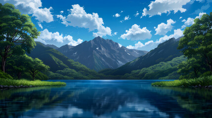 Fototapeta premium Crater Lakes Landscape Anime Style Styl