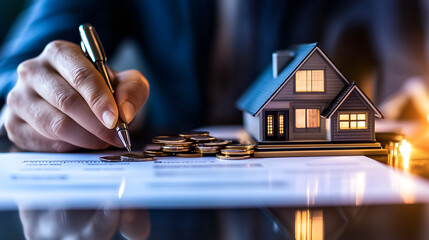 contract, pen & 3d model of a house; concept of buying a house, loan, signing agreement for new home, apartment, mortgage, calculating, investing in land & property