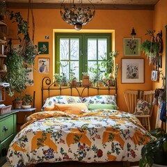 Bright, Bohemian Bedroom Interior with Floral Bedding, House Plants and Rustic Furniture.