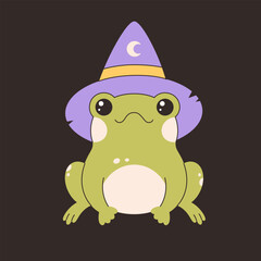 Cute toad in witch hat. Magic, witchcraft. Happy Halloween. Vector illustration in flat style