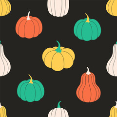 Pumpkins seamless pattern. Autumn harvest, farming. Flat, hand drawn texture for wallpaper, textile, fabric, paper. Vector illustration in flat style