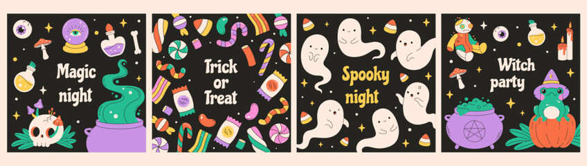 Happy Halloween greeting cards, posters, banners. Vector illustration in flat style