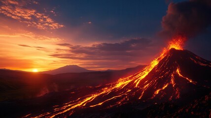 Breathtaking volcanic eruption at sunset, showcasing glowing lava flows against a dramatic sky with vibrant colors.