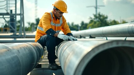 engineer carefully inspecting an industrial pipeline, emphasizing precision and technical expertise with a clear background