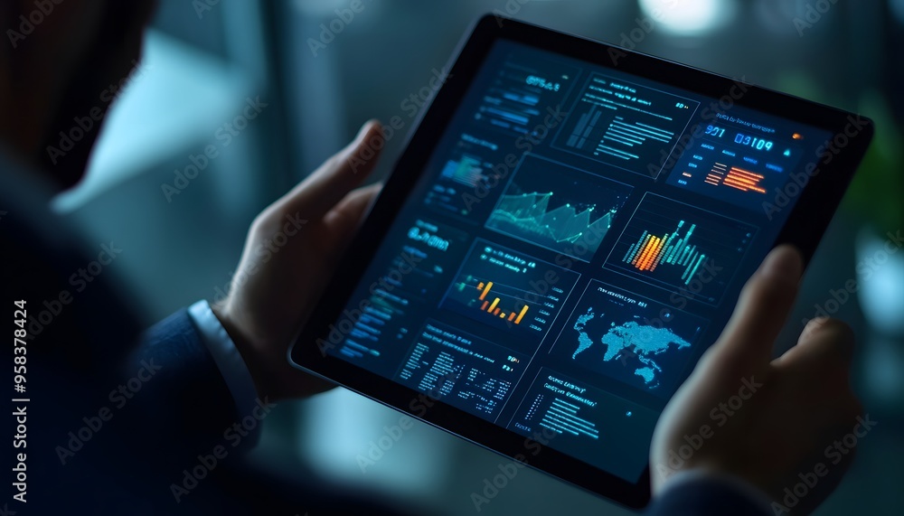 Poster a person viewing data and graphs on a tablet