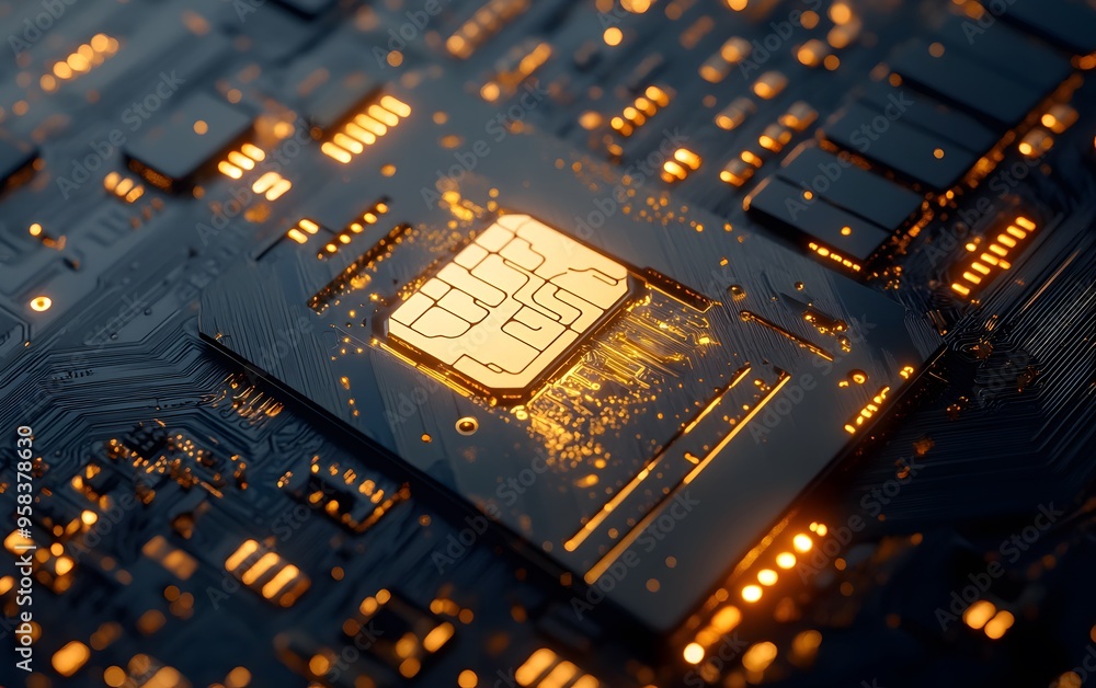 Poster close-up view of a glowing circuit board with a prominent microchip, highlighting technology and inn