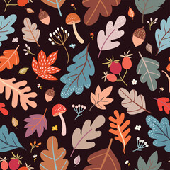 Autumn seamless pattern with colorful leaves and seasonal plants, decorative background, wallpaper