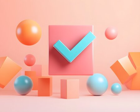 Colorful 3D geometric shapes with a check mark on a pink background, ideal for modern design and creativity themes.