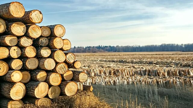 collection of felled trees stacked in a field, highlighting the raw material and rustic setting with ample space for supplementary design elements or information