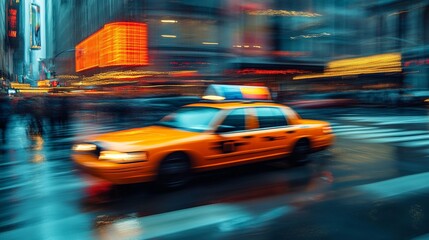 A yellow taxi cab is driving down a busy city street at night