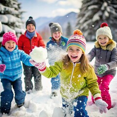 Children playing snowballs. Winter games outside