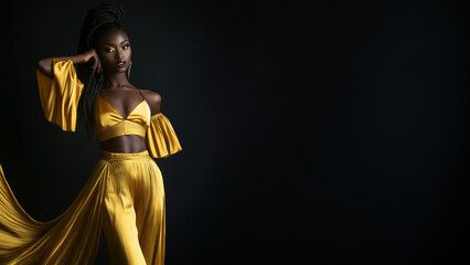 Fototapeta premium Elegante afroamerikanische Frau in glitzerndem Abendkleid. Selbstbewusster Blick, perfektes Make-up. Luxuriöser Hintergrund. Studiobeleuchtung betont Glamour