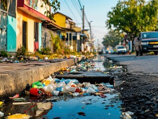 A street drain clogged with plastic garbage, solid urban setting background, ample copy space for text, urban waste management and pollution prevention concept