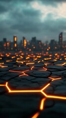 Obraz premium Futuristic cityscape with glowing hexagonal patterns and dark clouds, showcasing a sci-fi atmosphere. Perfect for tech and dystopian themes.