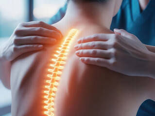 Professional chiropractor or physical therapist treating a patient's spine, highlighting a glowing spine for pain relief and spinal health.