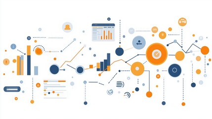 A futuristic illustration depicting big data analytics with data streams, charts, and various graphical elements in a minimalist style