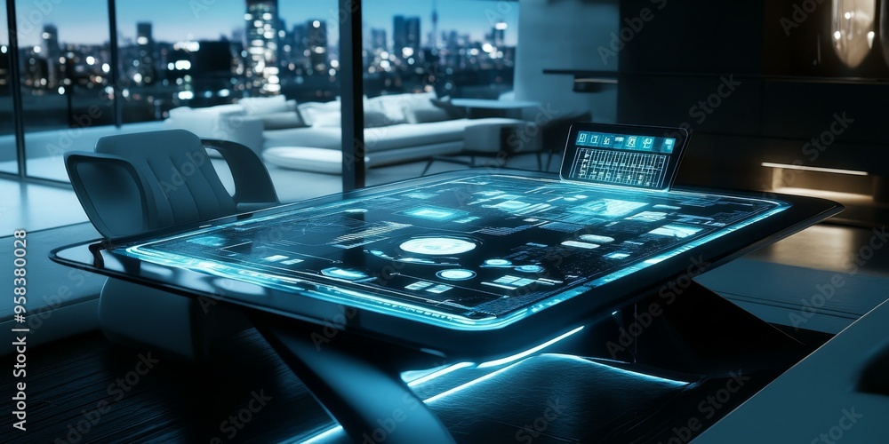 Poster futuristic table with glowing digital interface.