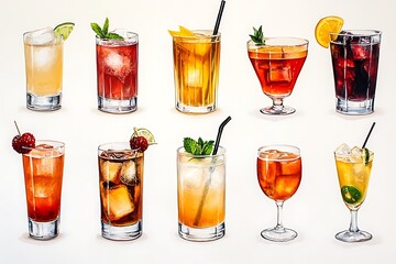 Watercolor Illustration of 10 Different Cocktails with Ice, Garnishes, and Straws.