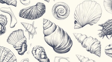 Line art illustration of seashells and cowries featuring dashed lines and labels in a hand drawn pattern