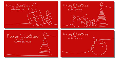 Vector set of continuous line greeting cards of new year and xmas tree, ball, gift box. Merry Christmas concept