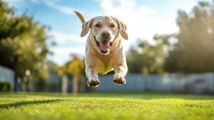 Happy labrador retriever jumping in the air.