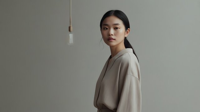 Minimalist portrait of a woman in neutral tones with simple background