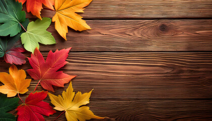 Obraz premium Autumn background with colored leaves on a wooden background.