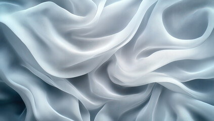 Obraz premium A light blue fabric with an elegant swirl pattern, flowing in the wind. The background is a soft gradient of sky-blue and white. Created with Ai