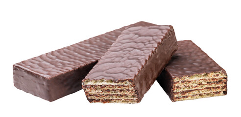Wafer in chocolate and two halves on white background. Isolated