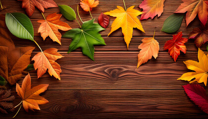Obraz premium Autumn background with colored leaves on a wooden background.