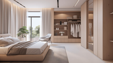 Chambre à coucher, plan sur un lit de couleurs claires et épurées, dans les tons blanc et beige. Drap, oreiller, couverture. Décorations, lumières douces. Pour conception et création graphique.
