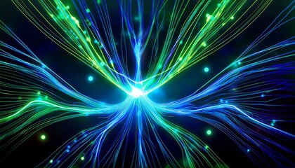 A dynamic, colorful 3D representation of a neural network in action. The image shows interconnected nodes and synapses, glowing with vibrant colors like electric blue and neon green, symbolizing data 