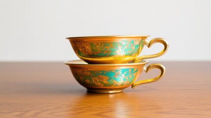 A couple of cups sitting on top of a wooden table