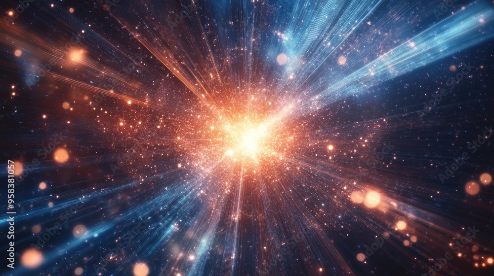 Poster abstract illustration of luminous particle trails and star like light bursts featuring radiant movin