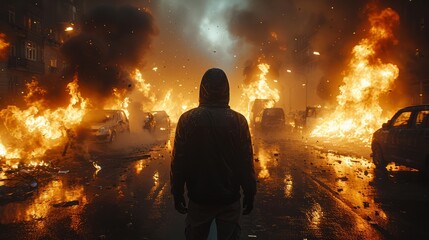 The fiery streets mirror the public's rage, with protester silhouettes marking the escalating turbulence of civil unrest.