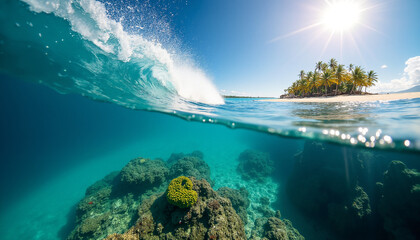 A wave crashing with a tropical island in the background.