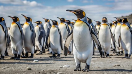 Obraz premium King penguin making way through a group of penguins 