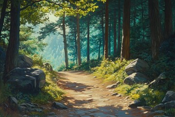 Fototapeta premium Oil painting depicting a scenic forest trail