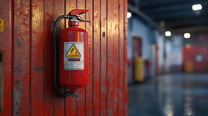 A vibrant red fire extinguisher mounted on a wooden wall in an industrial setting, ensuring safety and preparedness.
