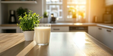Glass of milk on a wooden table.