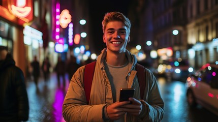 Obraz premium Young man smiling while using a smartphone on a vibrant city street illuminated by neon lights at night