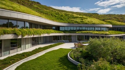 Fototapeta premium Sustainable architecture with green roofs, natural landscape