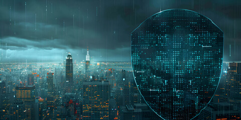 Cyber Shield Over Cityscape with Digital Security Concept
