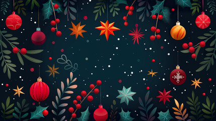 Festive Christmas Ornaments and Holly on Dark Background.