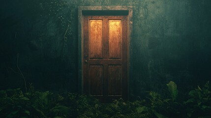 Mysterious wooden door surrounded by lush greenery and dim lighting, inviting curiosity and exploration.