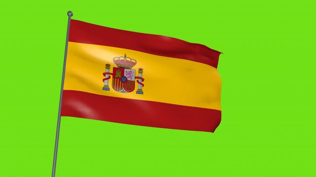 Spain's flag fluttering in the wind, on a green screen background.