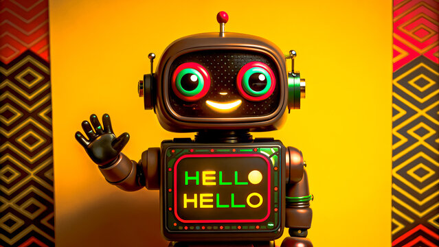 Colorful retro-style robot with smiling face waves hello, featuring vibrant colors and vintage aesthetic. Perfect for concepts of technology, innovation, communication, and friendly AI representation.