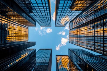 Looking Up modern high-rise office buildings with blue sky in the background , ai
