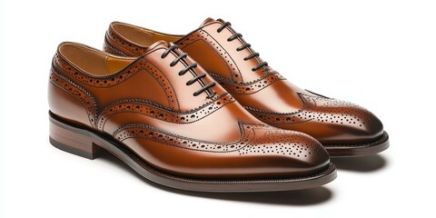 Two brown leather brogue shoes with laces.
